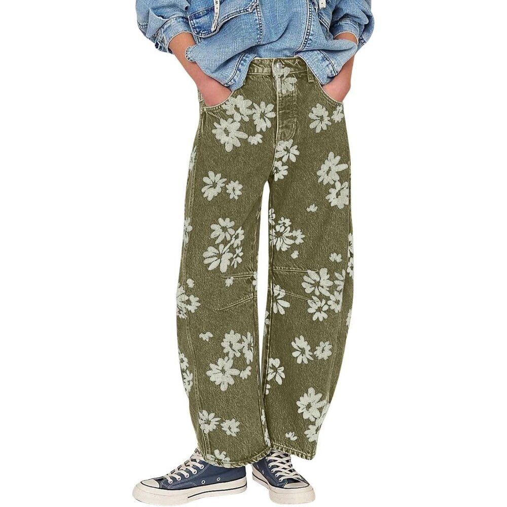 Women Y2K Distressed Barrel Jeans Baggy Wide Leg Denim Casual Pants - Picture 1 of 6